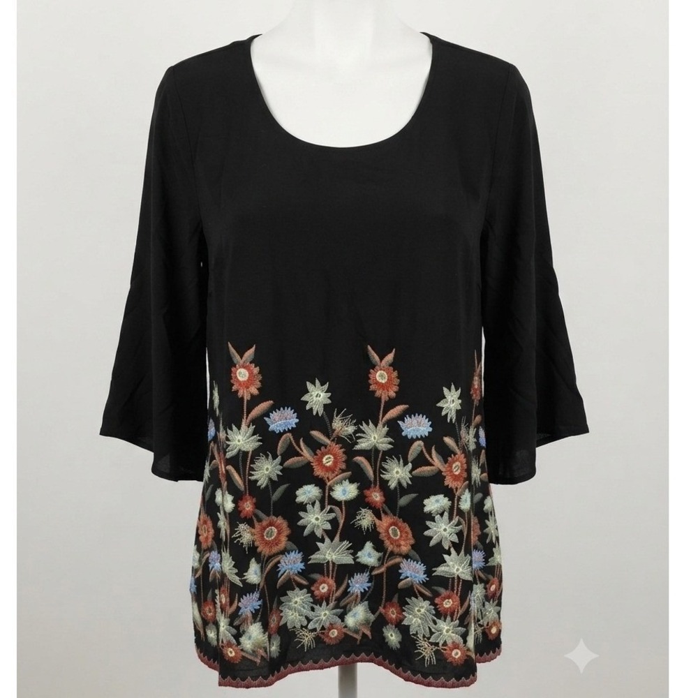 Karen Kane Black Floral Embroidered Scoop Neck 3/4 Bell Sleeve Blouse Womens L